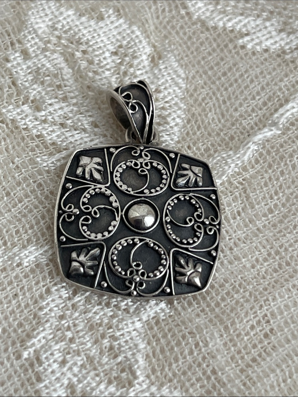 Vintage Ornate Sterling Silver Filigree Square Pendant
